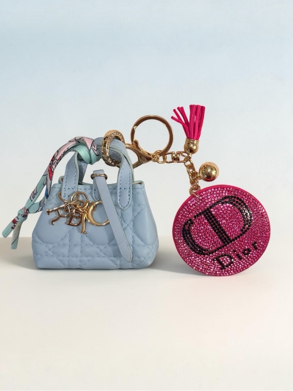 Mini Quilted Blue Bucket Bag Keychain Charm with Pink Puffy Sparkle Charm | New